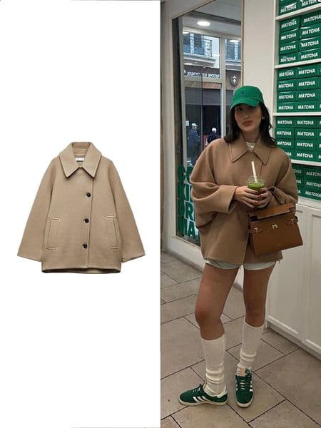 TRAF Womens Casual Vintage Khaki Coat Bat Sleeve Lapel Warm Tweed Autumn and Winter Fashion Loose Single Breasted 240904