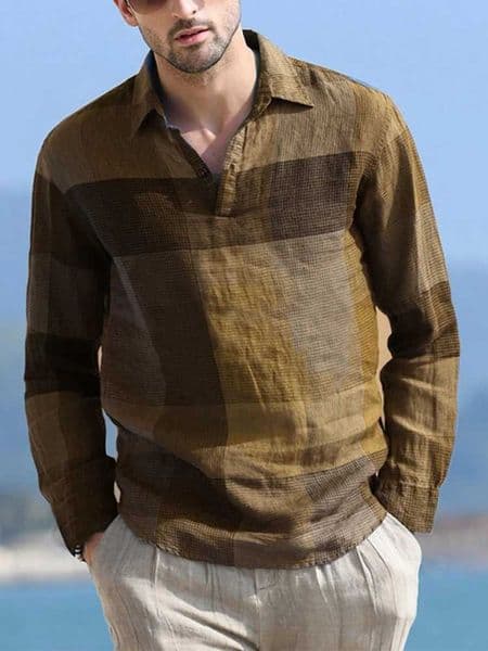 Vintage Plaid Cotton Linen Mens Shirts Autumn Casual Long Sleeve Turndown Collar Button-up Pullover Tops Summer Fashion Mens TopX240912