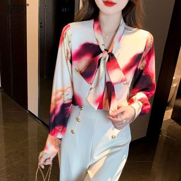 New long sleeved chiffon fashion print designer women's patch bow tie tied shirt summer office women's temperament interior outfit
