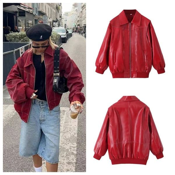 Women Vintage Solid Red Leather Spliced Cropped Zipper Coat Casual Fashion Lapel Long Sleeve Cool Jacket Female Autumn Outerwear 240911