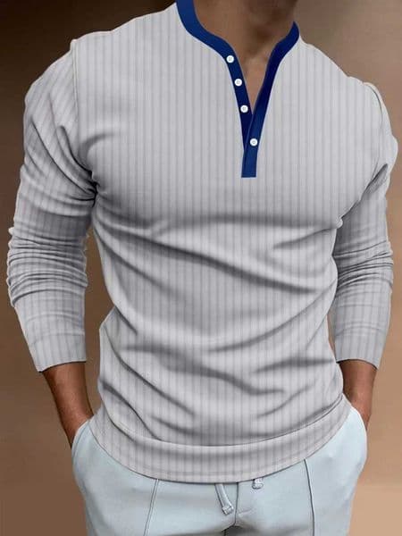 Mens casual long sleeve striped T-shirt spring and autumn comfortable breathable trend solid color standing collar muscle POLOX240912