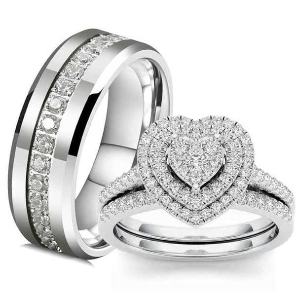 Charming couple ring romantic womens heart-shaped Rhinestone CZ ring set fashionable mens stainless steel zirconia ring wedding ring W240912
