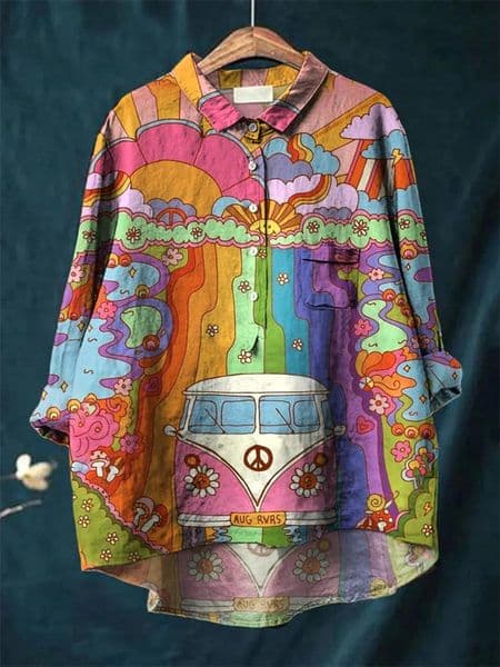 2024 Summer Hippie Floral Print Women's Lapel Neck Casual Long Sleeve Shirt Flip collar With Pocket Blouse