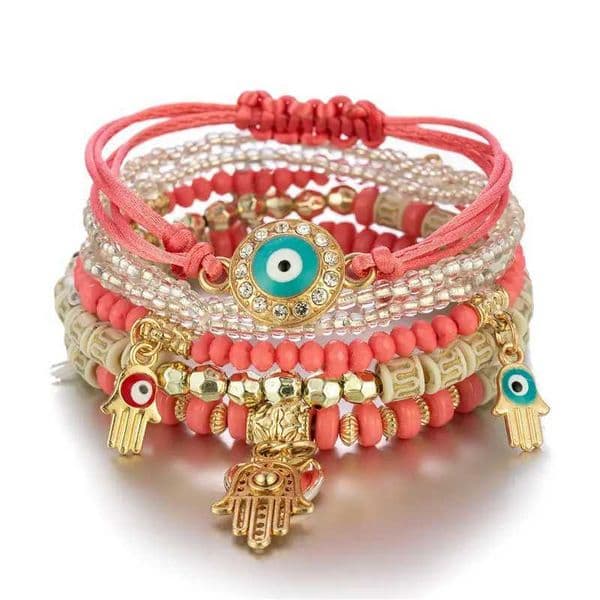 Bohemia Multilayer Elastic Weave Bracelet Set For Women Turkish Evil Eye Lucky Blue Eyes Beads Bracelets Female Charm JewelryXJ241116
