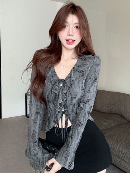 Haruku Hole Women Grey Blouse Streetwear Ruffles Long Sleeve Y2k Cropped Shirts Female Fall Korean Slim V Neck Vintage Tops