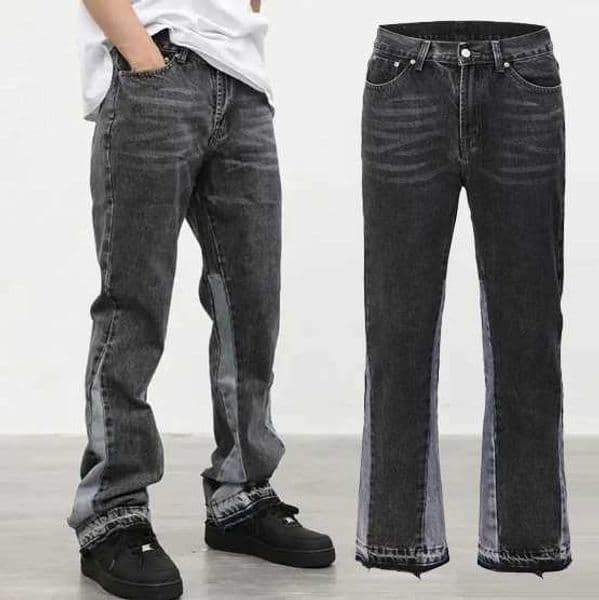 Mens Casual Black and Grey Patchwork Vintage Wash Trousers Men Custom Flares Denim Jeans 26H0421