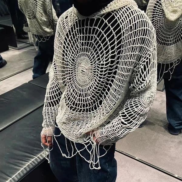 Y2k Clothes Spider Web Hollow Hole Trendy Men LGBT Streetwear Hooded Pullover Knit Top Sweater Mens Korean Fashion 240911