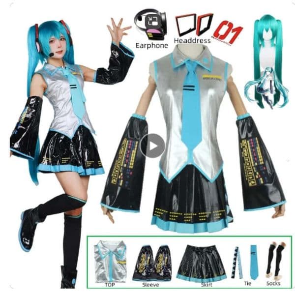 Miku Cosplay Costume Sier Patent Leather Clothes Blue Wig Headwear Outfits JK Sailor Dress High School Uniform Halloween Props