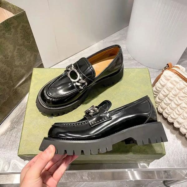 Top Design Women Script Loafers Shoes Logo Lettering Vamps Chunky Soles Lady Casual & Oxford Walking Scalloped Rubber Trim Comfort Moccasin EU35-40