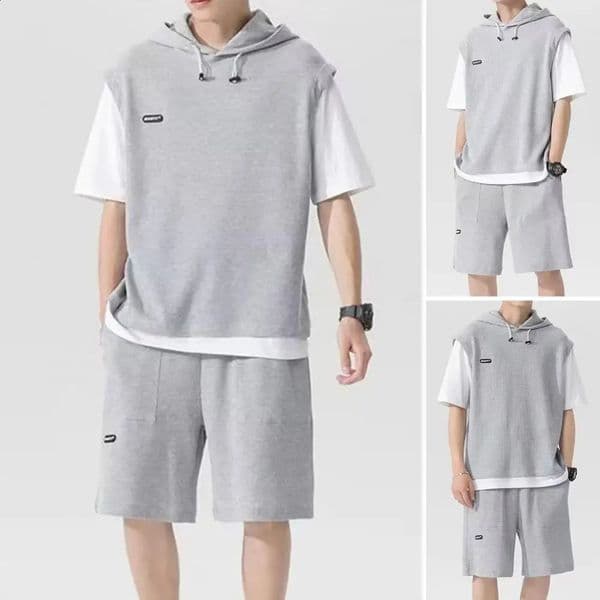 Two Pieces Outfit Mens Casual Sport Outfit Set with Hooded Drawstring Top Elastic Waist Shorts Waffle Texture for Active 240911