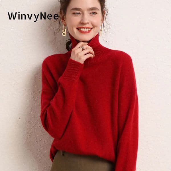 WinvyNee Womens Clothing Wool Red Sweater Turtleneck Loose Casual Jumpers Pullover Soft Oversized Outerwears Winter A1103002B 240904