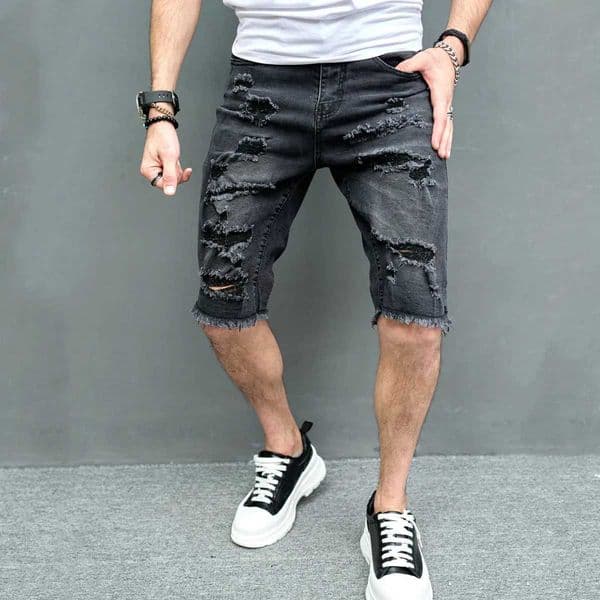Men Shorts Summer Holes Slim Five-point Pants Street Stylish Casual Male Solid Straight Jeans Beach Denim ShortsX240914
