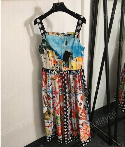 designer dresses for woman Fashion Beach dress Conch polka dot print Cotton High waist Spaghetti strap Maxi Tube Top Button sundress Sexy Vacation Women Clothing