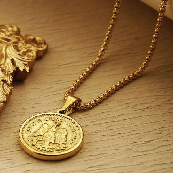 Chains 18K Gold Plated Pendant Necklace Men Coin Jewelry Mexican Centenario Mexicano Moneda 50 Pesos
