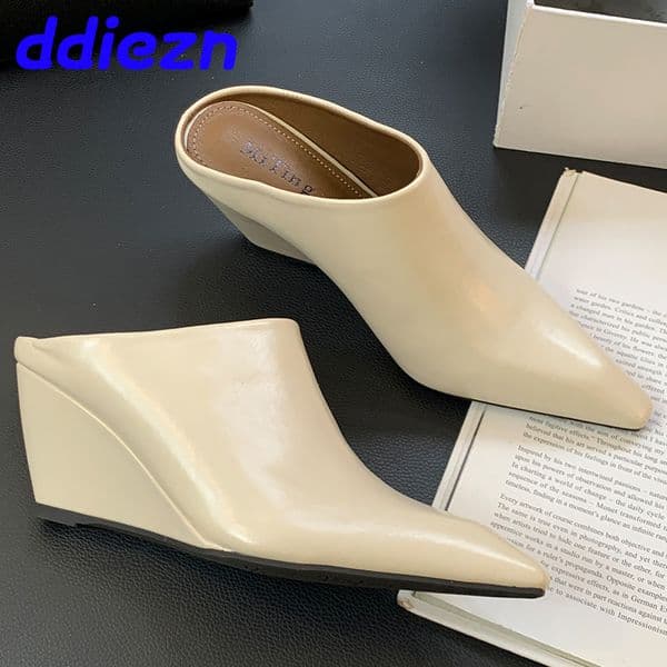 Footwear New Wedges Slides For Women 2024 Fashion Pointed Toe Ladies High Heels Pumps Slippers Shoes Female Mules 8fca