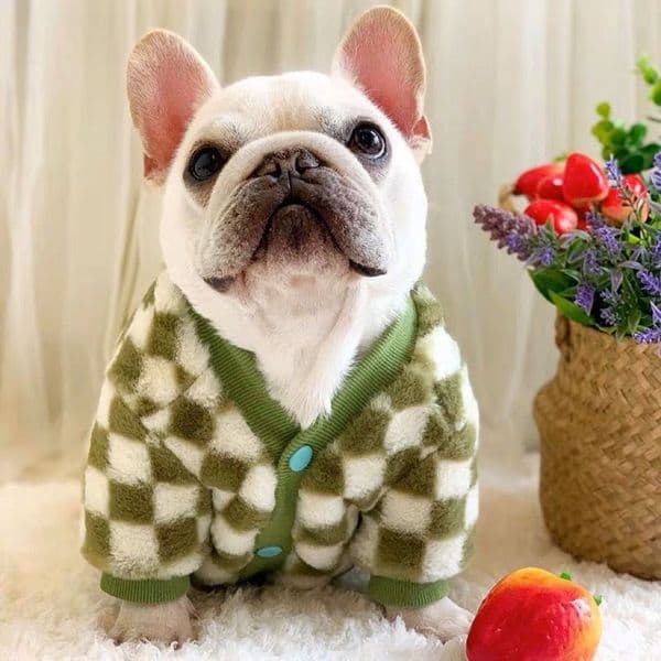 Autumn and Winter Plaid Plush Cardigan Clothing Winter Warmth Thickening Plush Cardigan Fat Dog Bulldog Checkerboard Plaid Dog