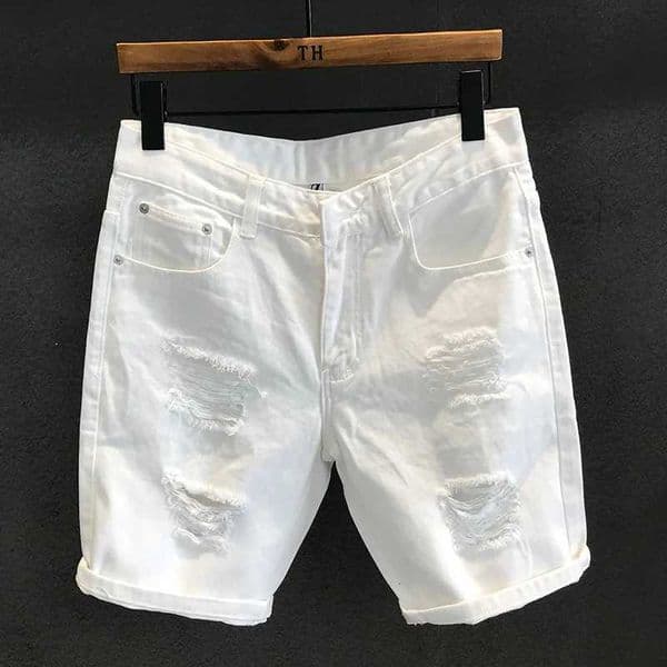 Summer Mens Fashion White Hole Washing Denim Shorts Leisure Scraped Beggar Straight Short PantsX240914