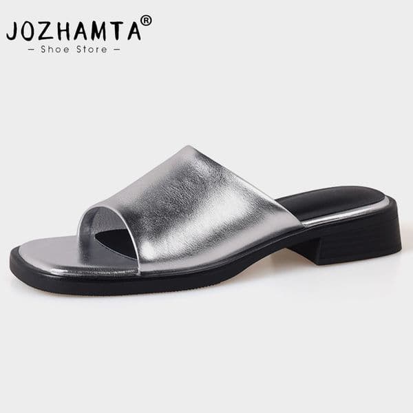 Size JOZHAMTA 34-39 Slides Sandals Women Summer 2023 Mid Heels Shoes Woman Chunky Slippers Genuine Leather Casual Beach Mules 55ca