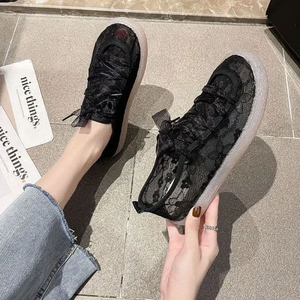 Lace Mesh Up Breathable Canvas Women Footwear Flat Ladies Casual Sneaker Cotton Offers Solid Loafers Shoes Fashion 2024 1d99 9cb0 7960
