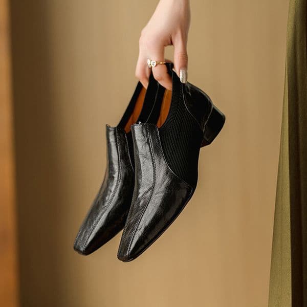 Spring/Fall NEW Loafers Genuine Leather for Square Toe Chunky Heel Retro Slip-on Women Pumps Black Shoes def6