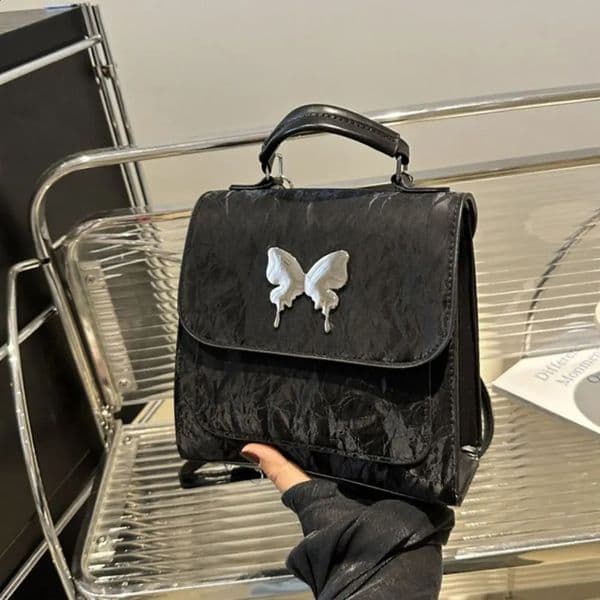 Large capacity Korean square backpack with butterfly pattern Pu leather backpack solid color handbag Y2k student backpack 240912
