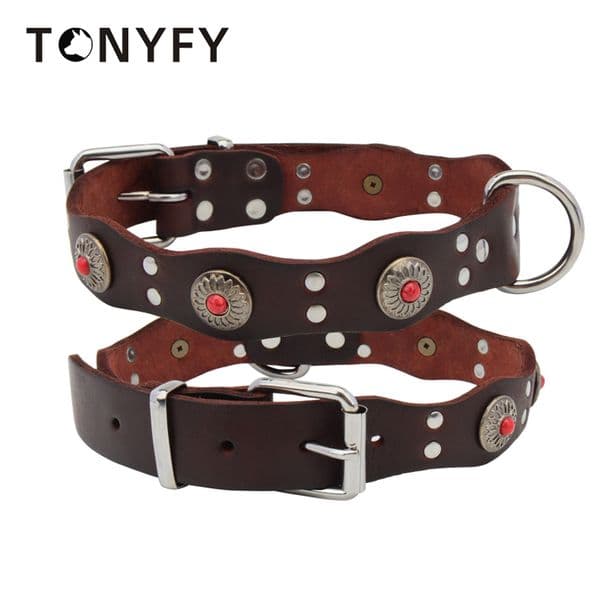 Retro Genuine Leather Dog Collar Ethnic Pet Necklace with Flower Pattern Green Red Bead Basic Collar for Large Dogs Pet Supplies M260227
