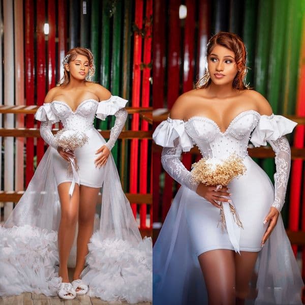 Fashion A Line Women Short Wedding Dress Sweetheart Neck Removable Sleeves Bridal Gowns Pearls Lace Detachable Train Dress Custom Made vestidos de novia