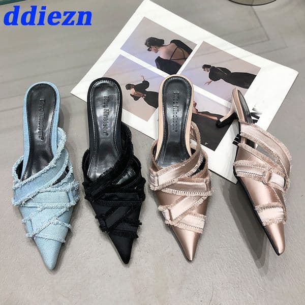 Heel Medium For Ladies 2023 Designer Fashion Denim Female Pointed Toe Pumps Heels Mules Slides Elegant Women Shoes 049d s 7a