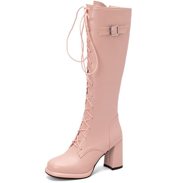 Knee Pink High Women New 2022 Autumn Winter Female Block Heels Red Black Lace-up Riding Boots Shoes Large Size ed90