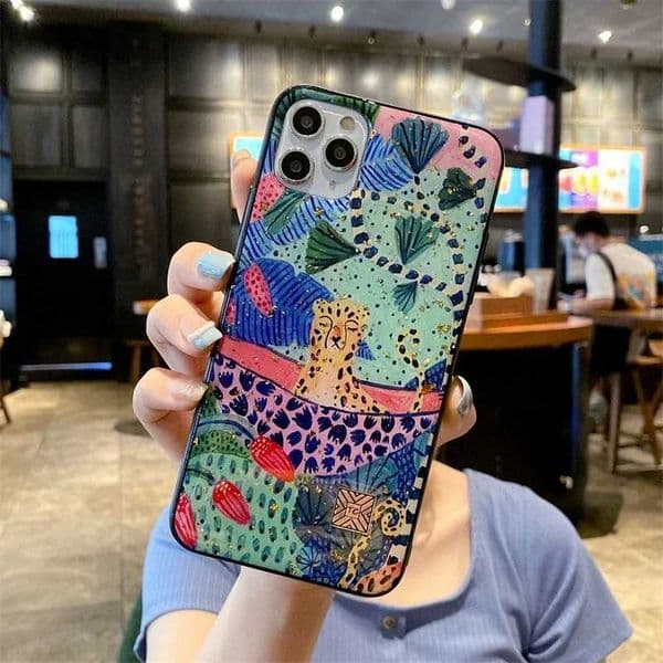Chic Cute Cartoon Anime Sloth Leopard Silicone Phone Case For iPhone 16 15 14 13 12 11 Pro Max Plus Glitter Gold Foil Back Cover P240914