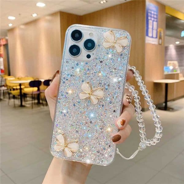 Luxury Butterfly Glitter Phone Case For iPhone 16 15 14 13 11 12 Pro Max X XS Max XR 7 8 Plus Soft Silicone Bracelet Chain Cover P240914