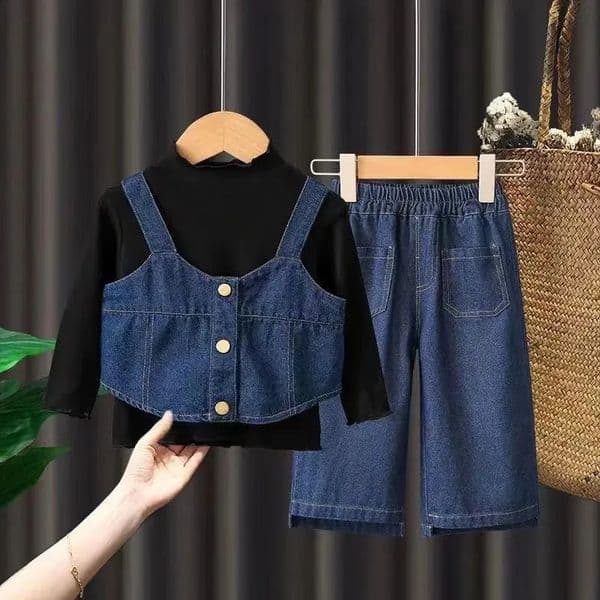 Girls Denim Strappy Sets Baby Fashion Casual Suit Spring Autumn Childrens LongSleeved Sweet ThreePiece 12M4 Years Old 260320