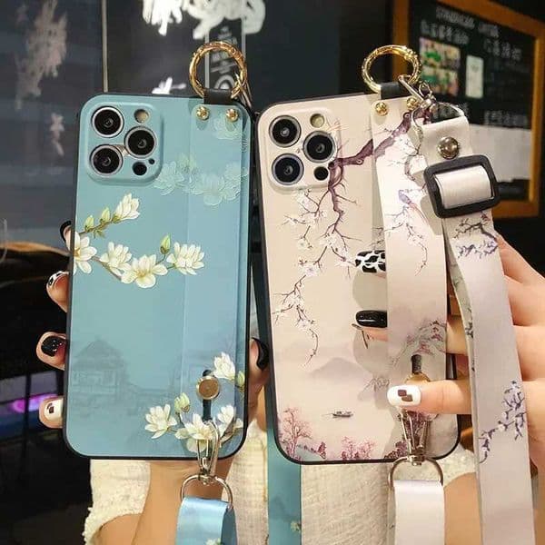 for iPhone 13 14 Pro 16+ 15 Pro Max 12 11 X XR XS 7 8 Plus Case Fashion Crossbody Shoulder Strap Flower Leaf Phone Holder Cover M240914