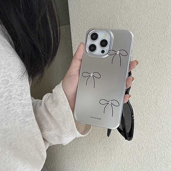Ins Simplicity Silver Bead Bowknot Plating Shockproof Protective Cover Case for iPhone 16 15 14 13 12 11 Pro Max M240914