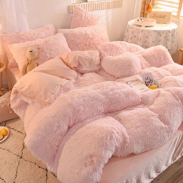 Nordic solid color plush down duvet cover set with bed sheets and pillowcases fur winter warmth Kavay bedding y single 240913