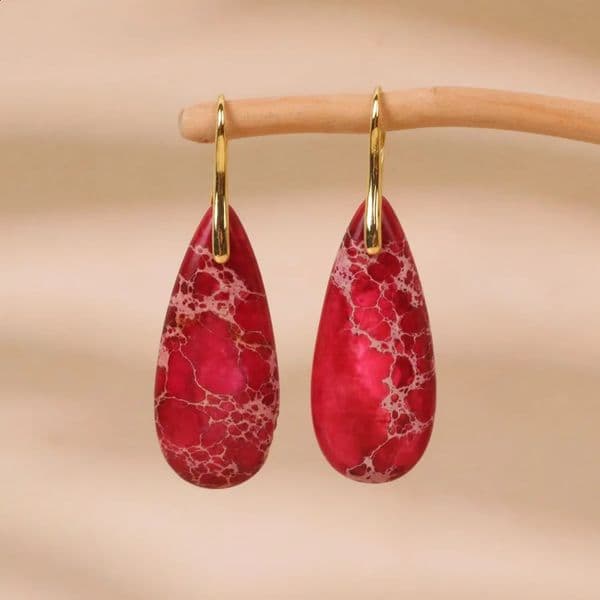Bohemian Natural Red Imperial Jasper Stone Teardrop Gemstone Dangle Earrings For Women 240914