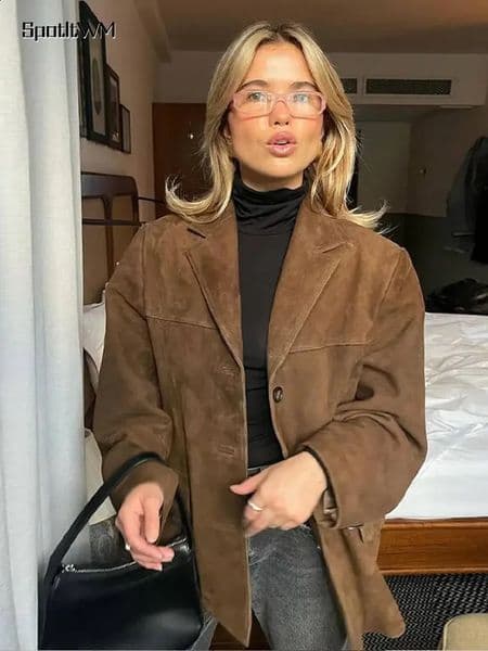 Casual Brown Lapel Pocket Suede Leather Jacket Fashion Woman Single Button Long Sleeve Crop Coat 2024 Lady Autumn Street Outwear 240910