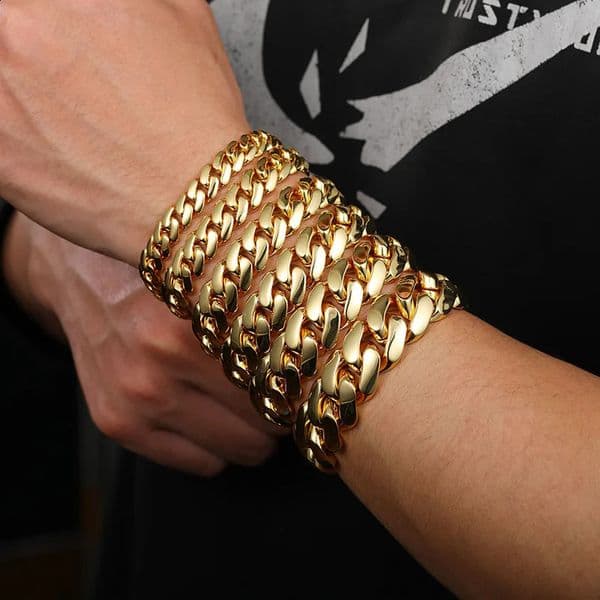 10mm22mm wide hip hop bling gold color round miami curb cuban link chain bracelets for men rapper jewelry drop 240910