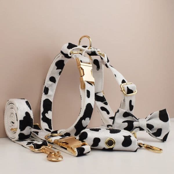 ly arrived custom ner gray checkered soft cotton dog collar belt shoulder strap poop bag holder bow set animal 06 240913