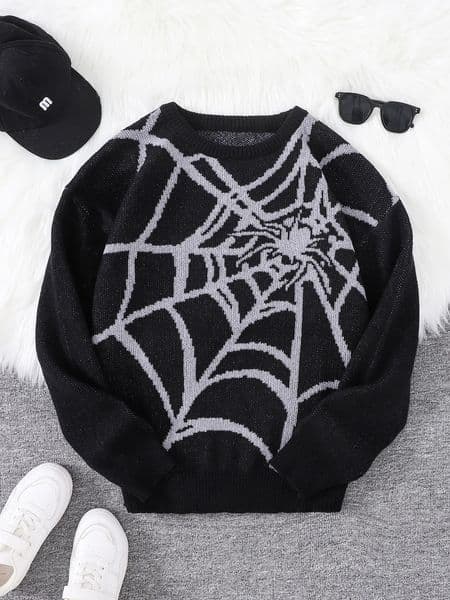 Autumn and Winter Spider Web Jacquard Pattern Pullover Sweater Casual Round Neck Knitted Mens 240911Z