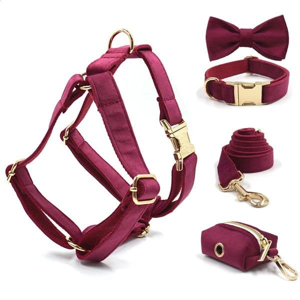 Burgundy Velvet Dog Collar Personalized Thick Metal Buckle Pet Strap Bow Tie Set with Poop Bag y Gift 240913
