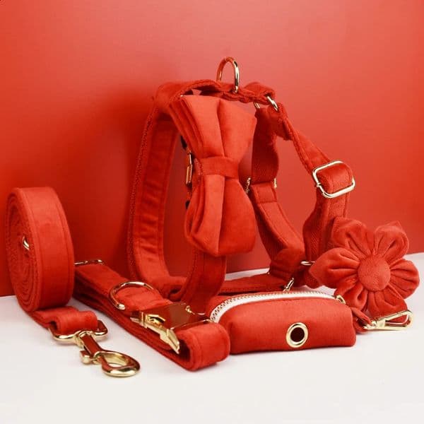 Red velvet dog collar and leash set suitable for small medium large dogs custom carved pet products flannel 03 240913