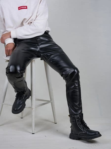 Elevator spring wardrobe mens slim fit PU leather pants with pockets - fashionable and avant-garde gentlemans Versatile reachable 240913
