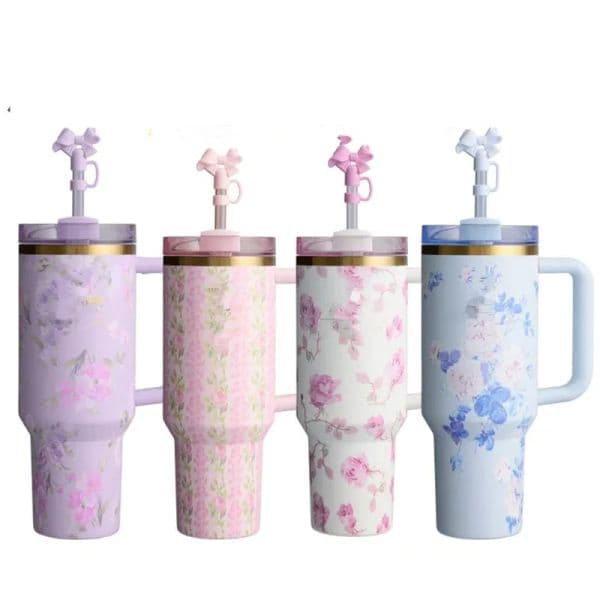 40oz TUMBLER Pink Rose Blue Magnolia Mug Fancy Stainless Steel Tumbler with Silicone Handle Lid and Straw Cups Mugs Target water bottles Wholesale