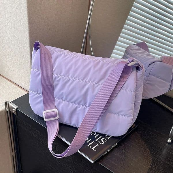 Purple nylon shoulder bag womens er cushion bag 2024 winter space cotton handbag large capacity flip messenger bag 240918