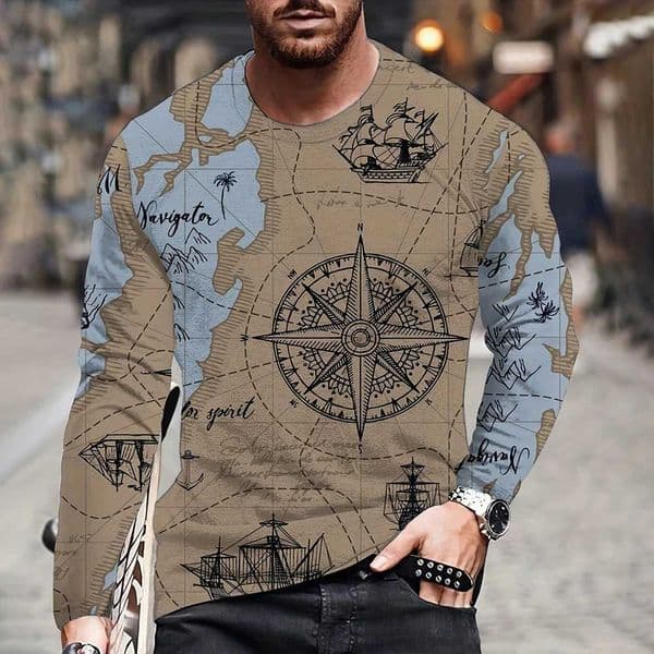 Vintage Mens Long Sleeves T Shirt Fashion Cross Pattern Long Sleeve 3D Clothing Nautical Map Print Street Harajuku OversizedX240919