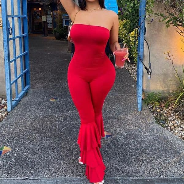 Womens strapless tight jumpsuit sexy casual red fashionable backless stacked glitter pants streetwear jacket onepiece style 240918