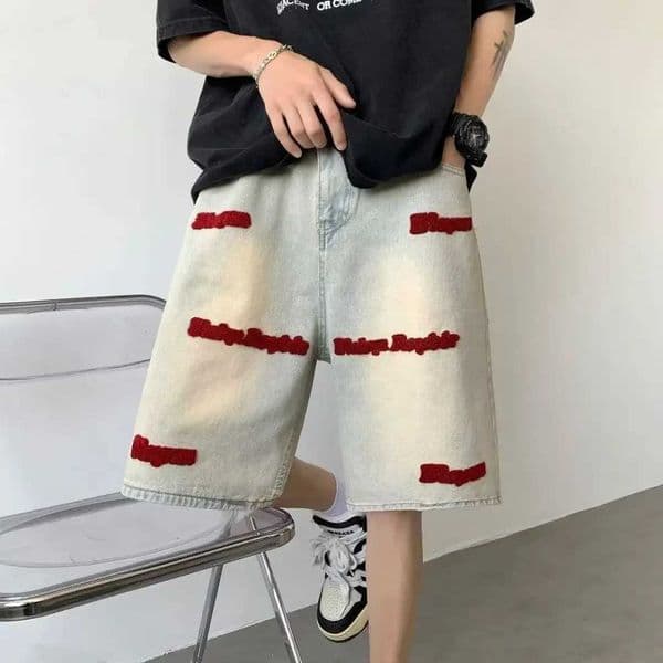 American style new men embroidered denim shorts summer ins washed fashion Instagram hip-hop pants sports pants gym shortsX240914