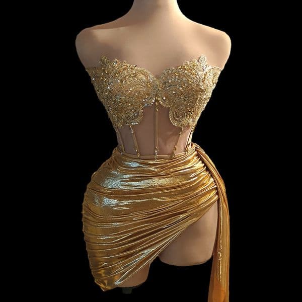Gold Dia Formal Ocn Tail 2-Piece Set Gown Outfit Sexy Girls Short Prom Birthday Mini Dress