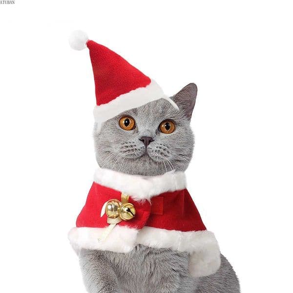 ATUBAN Pet Christmas Costume Cat Santa Outfit Small Dog Xmas Hat with Cloak Set Cat New Year Apparel Cat CostumesXJ240906